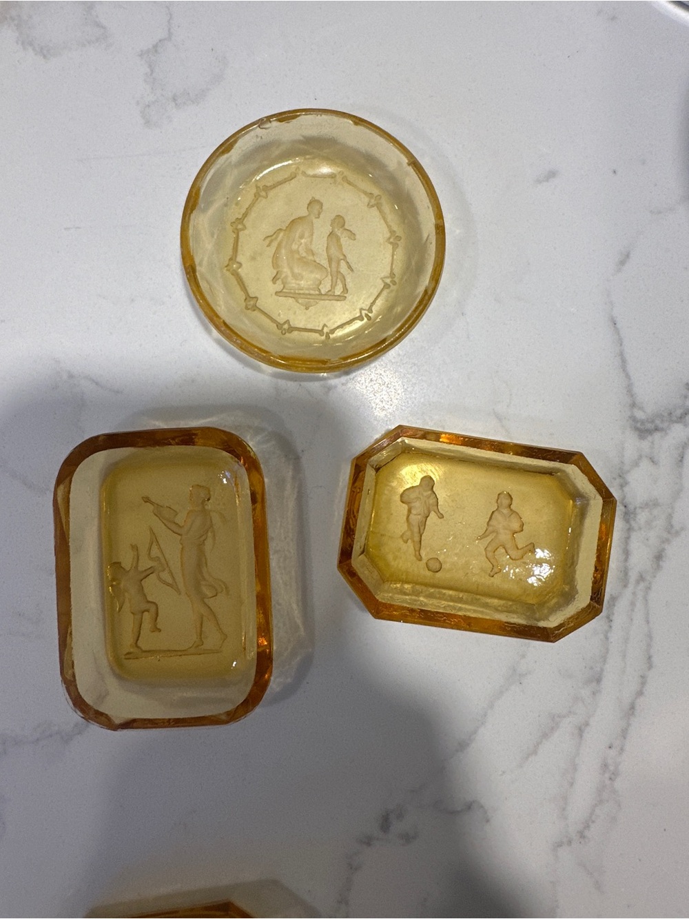3 VINTAGE CZECHOSLOVAKIA AMBER GLASS INTAGLIO SALT CELLAR